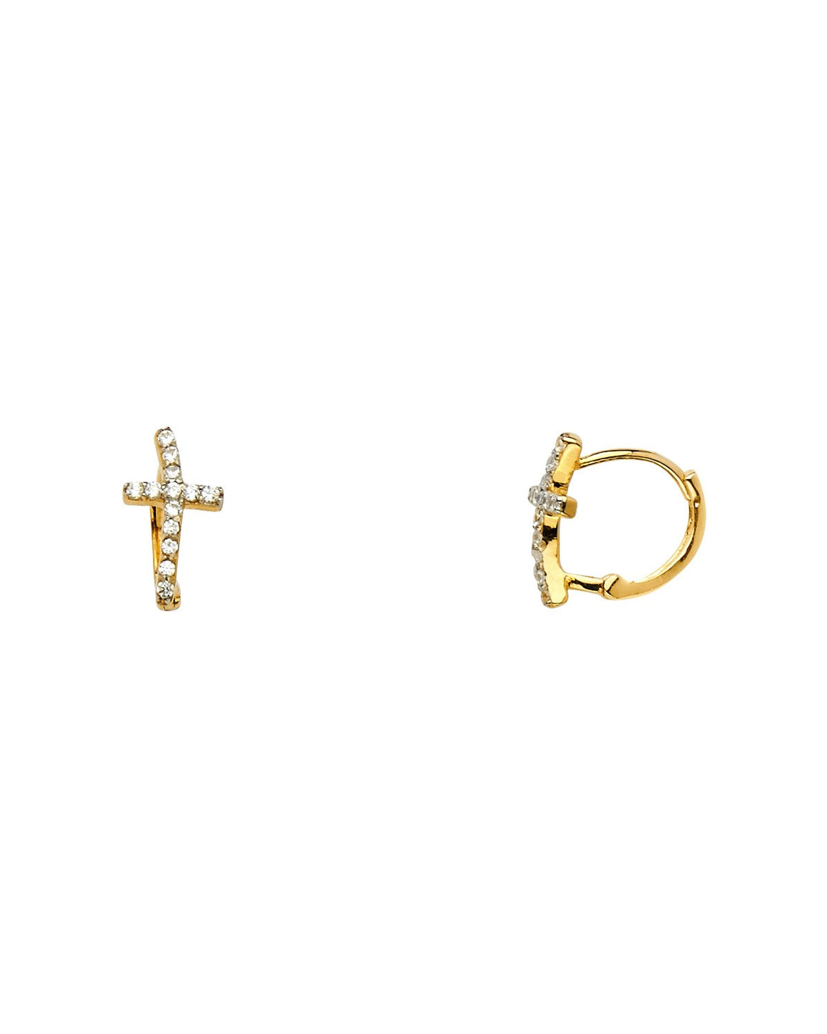 14K Two-Tone Gold 2T Curved CZ Cross Huggies Earrings (ER-0730)