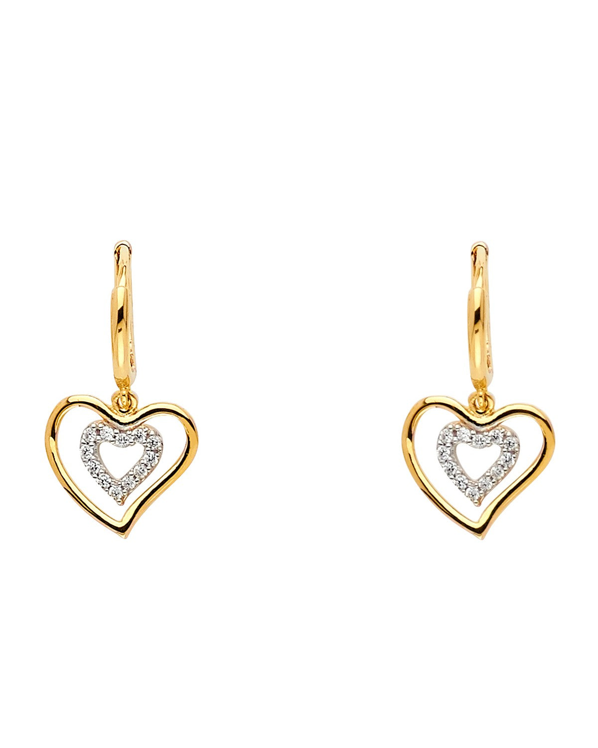 14K Two-Tone Gold 2T CZ Heart Hanging Earrings (ER-0782)