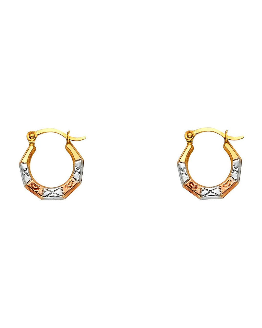 14K Tri-Color Gold 3C Fancy Hollow Hoop Earrings (ER-0829)