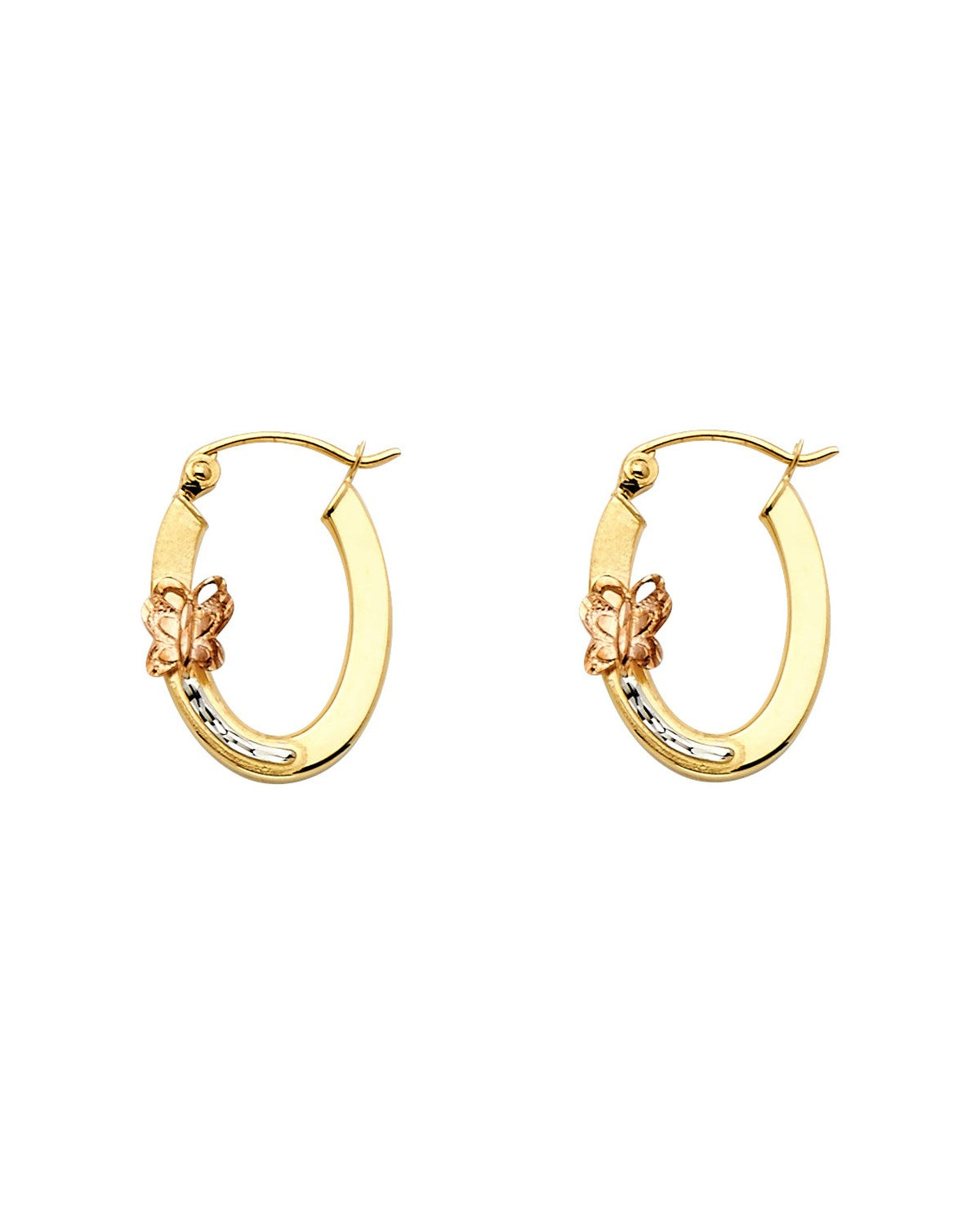 14K Tri-Color Gold 3C Butterfly Oval Hoop Earrings (ER-0986)