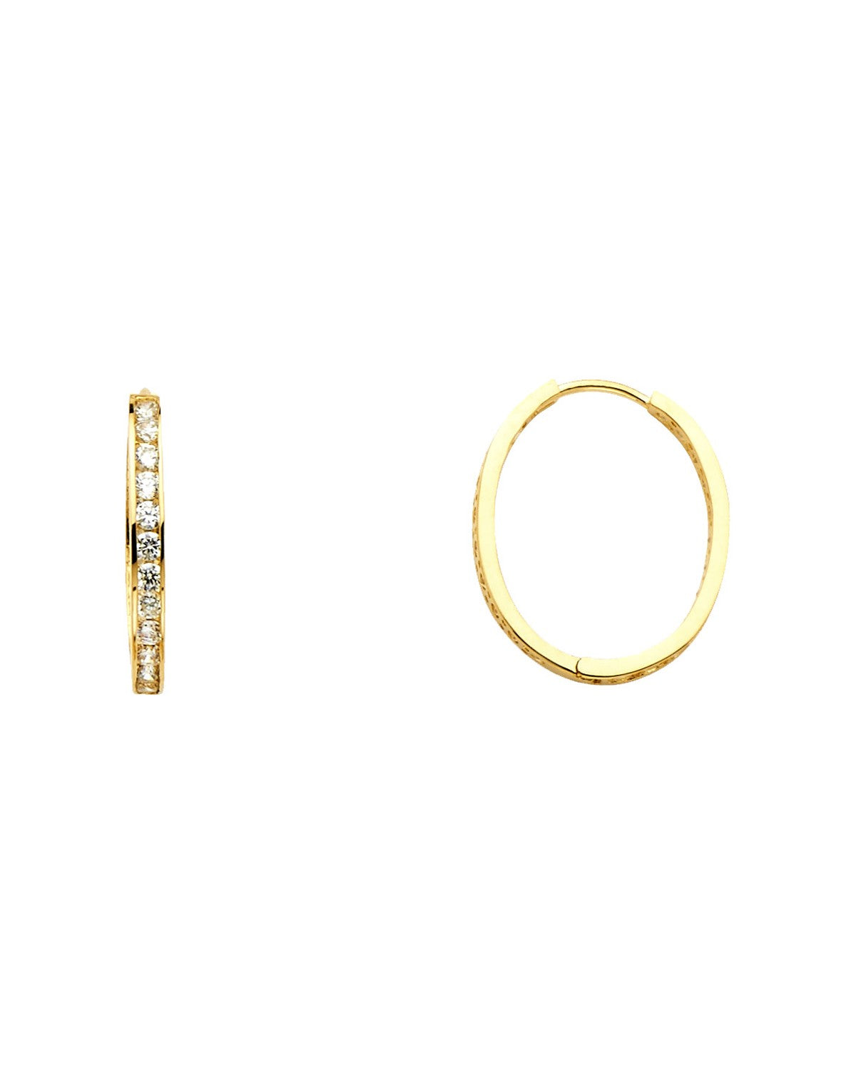 14K Yellow Gold Round CZ Channel Oval Hoop Earrings (ER-1139)