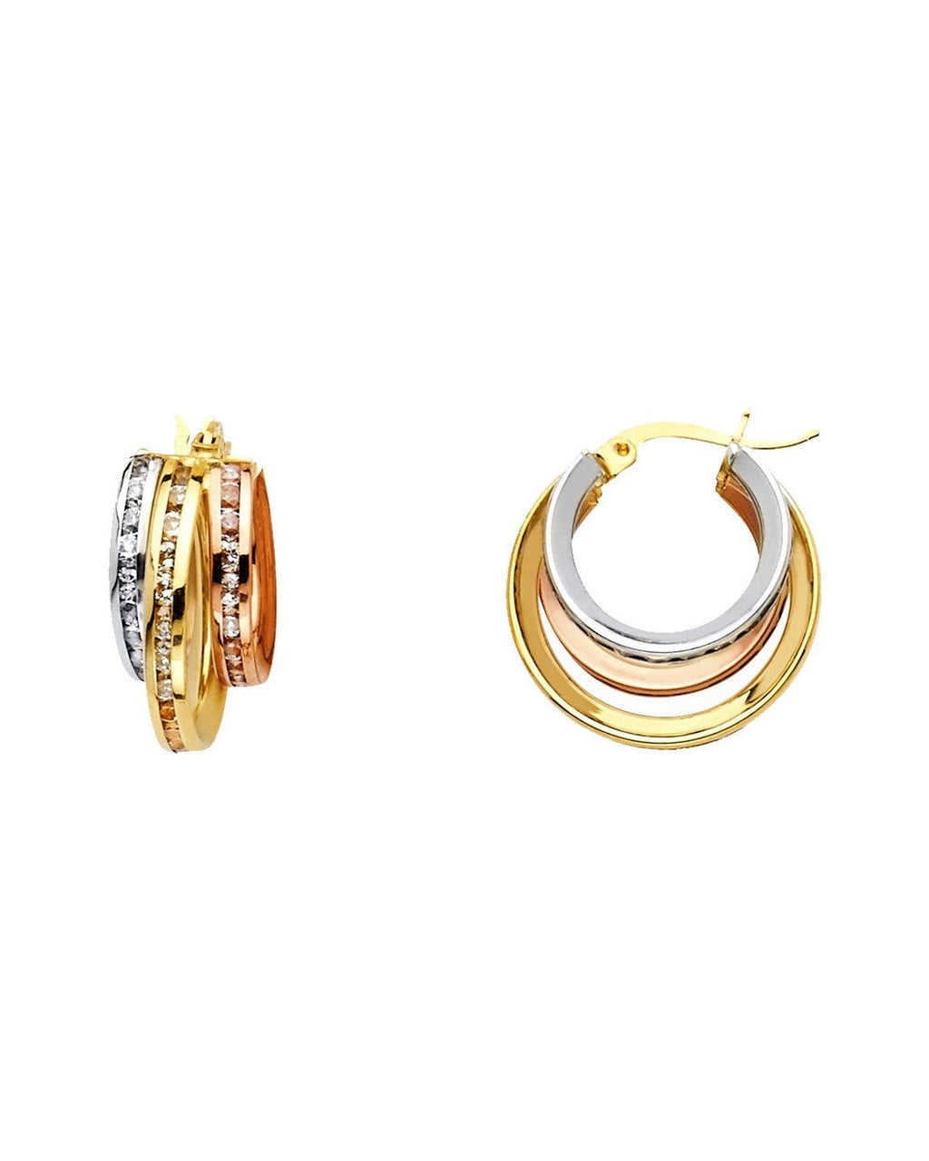 14K Tri-Color Gold 3C Round CZ Channel 3L Hoop Earrings (ER-1143)