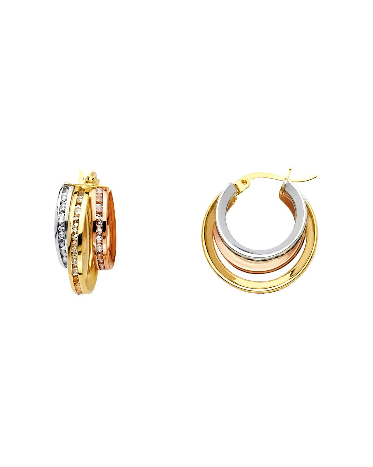 14K Tri-Color Gold 3C Round CZ Channel 3L Hoop Earrings (ER-1143)