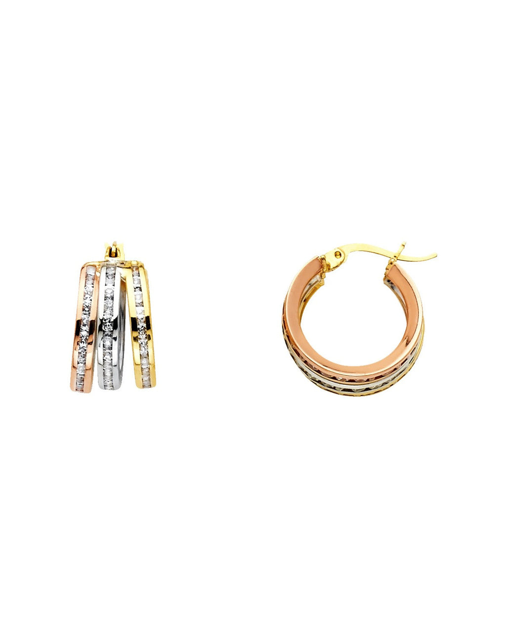 14K Tri-Color Gold 3C Round CZ Channel 3L Hoop Earrings (ER-1145)