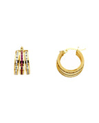 14K Yellow Gold Red + White Round CZ Channel 3L Hoop Earrings (ER-1146)