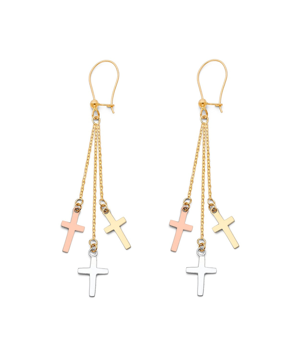 14K Tri-Color Gold 3C 3Crosses Hanging Earrings (ER-1234)