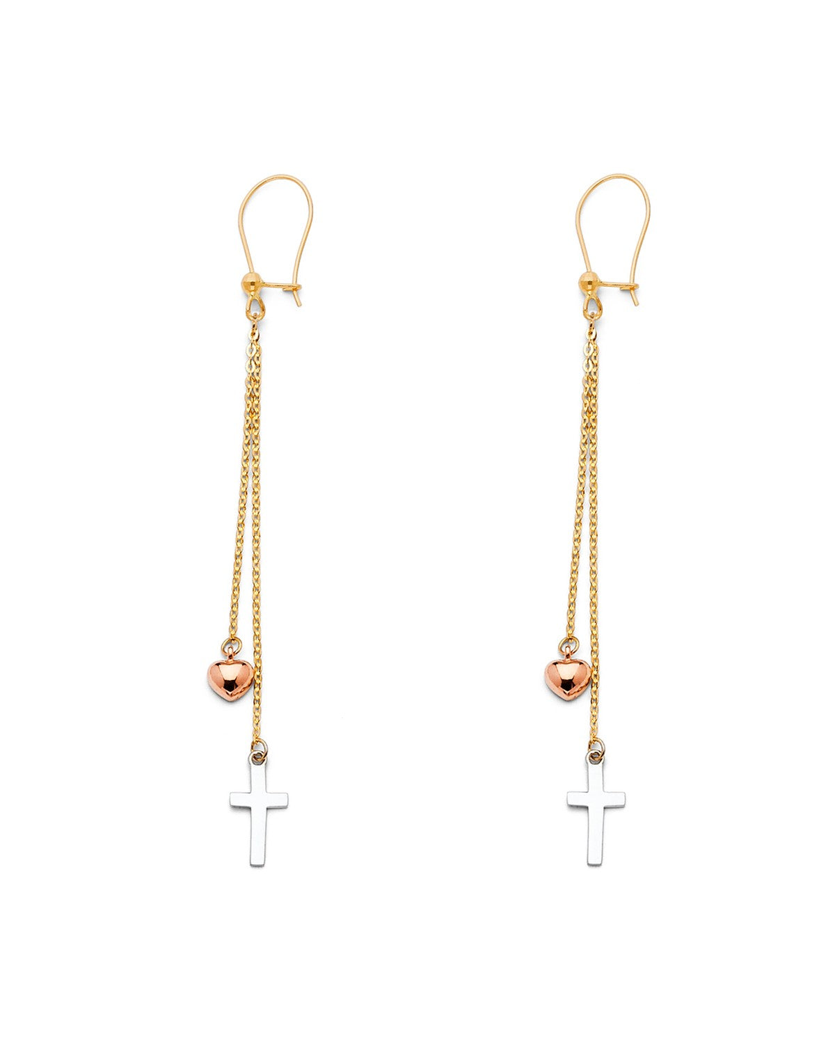 14K Tri-Color Gold 3C Cross+Heart Hanging Earrings (ER-1235)