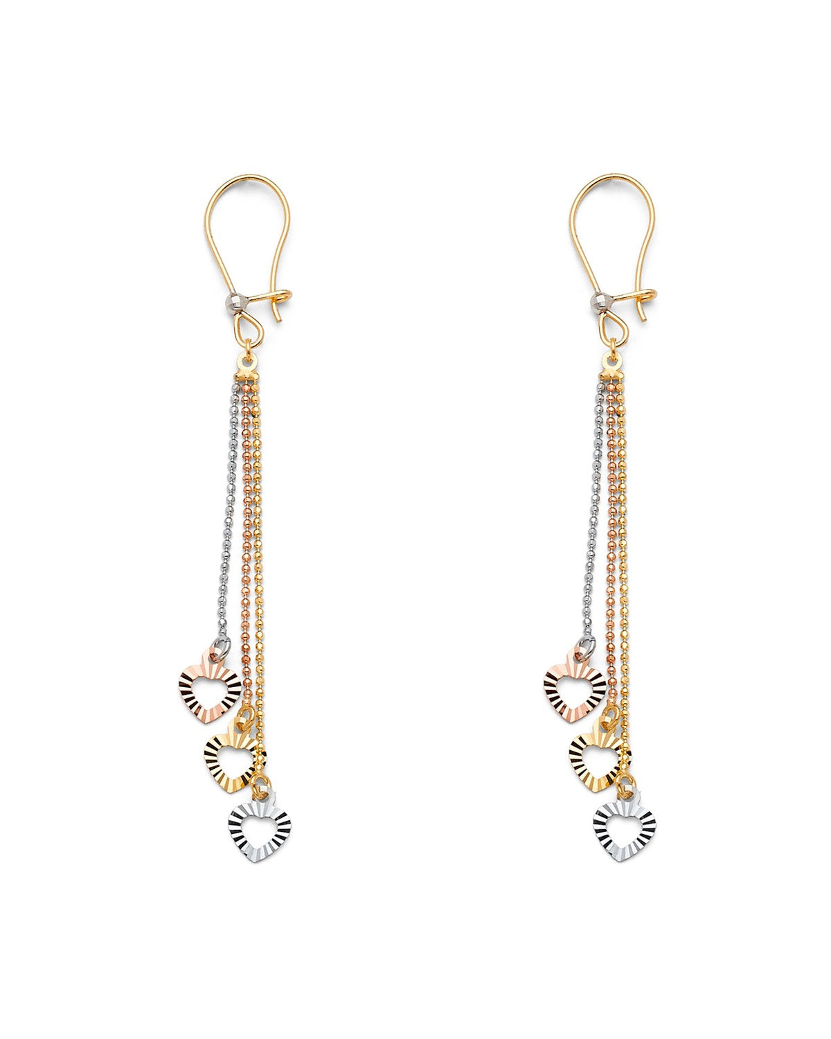 14K Tri-Color Gold 3C 3Hearts Hanging Earrings (ER-1237)