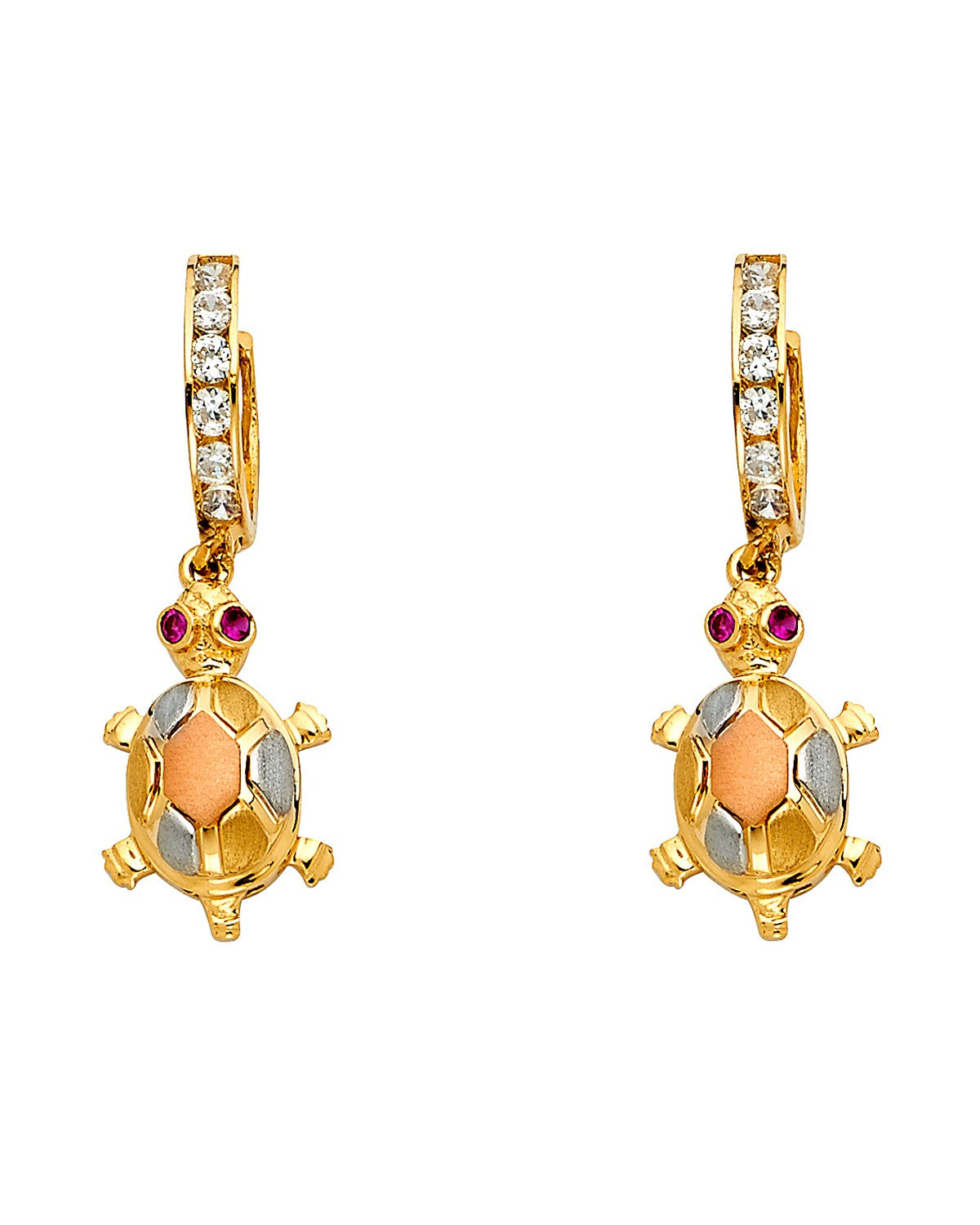14K Tri-Color Gold 3C CZ Dangle Huggies Earrings (ER-1254)