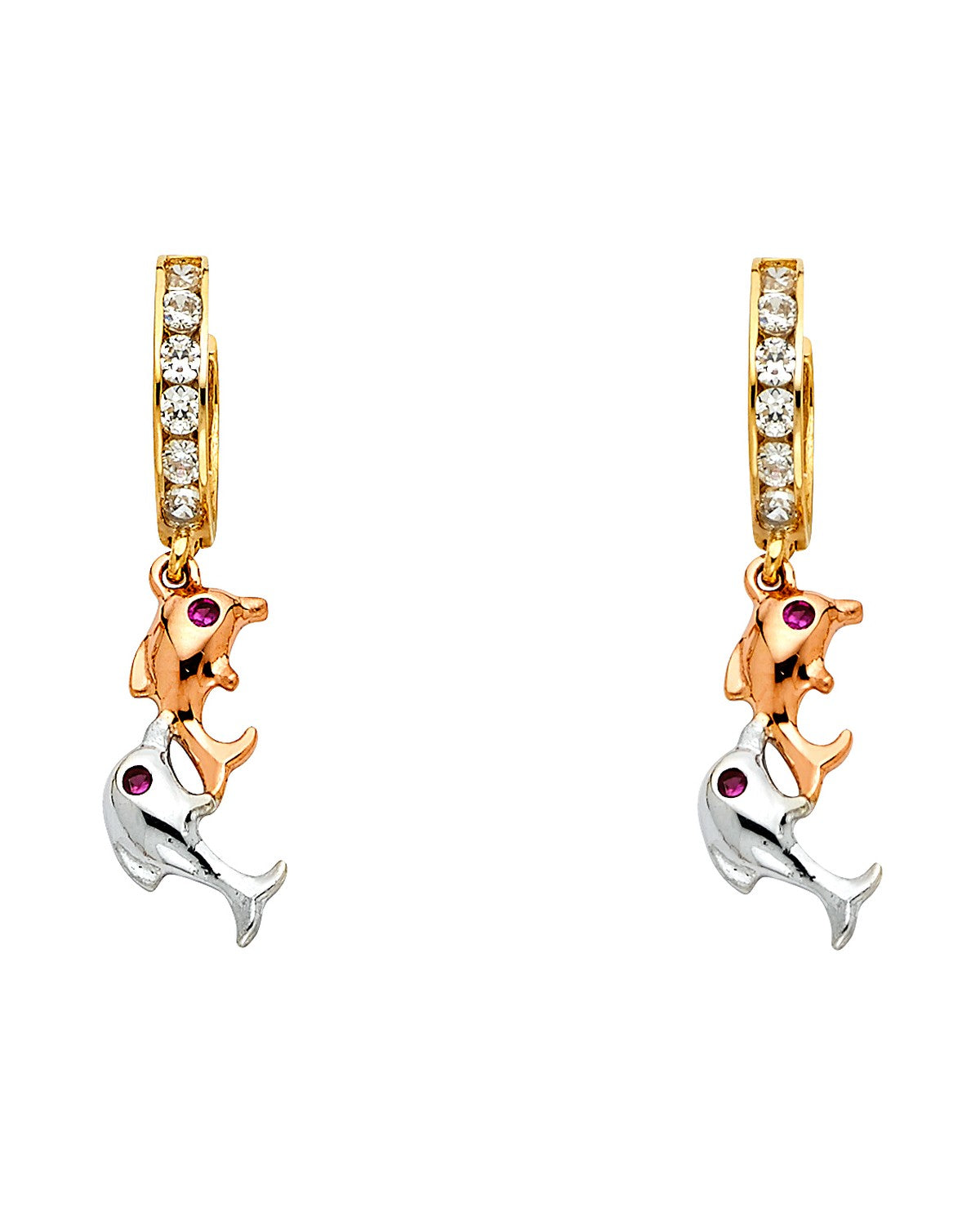 14K Tri-Color Gold 3C CZ Dangle Huggies Earrings (ER-1256)