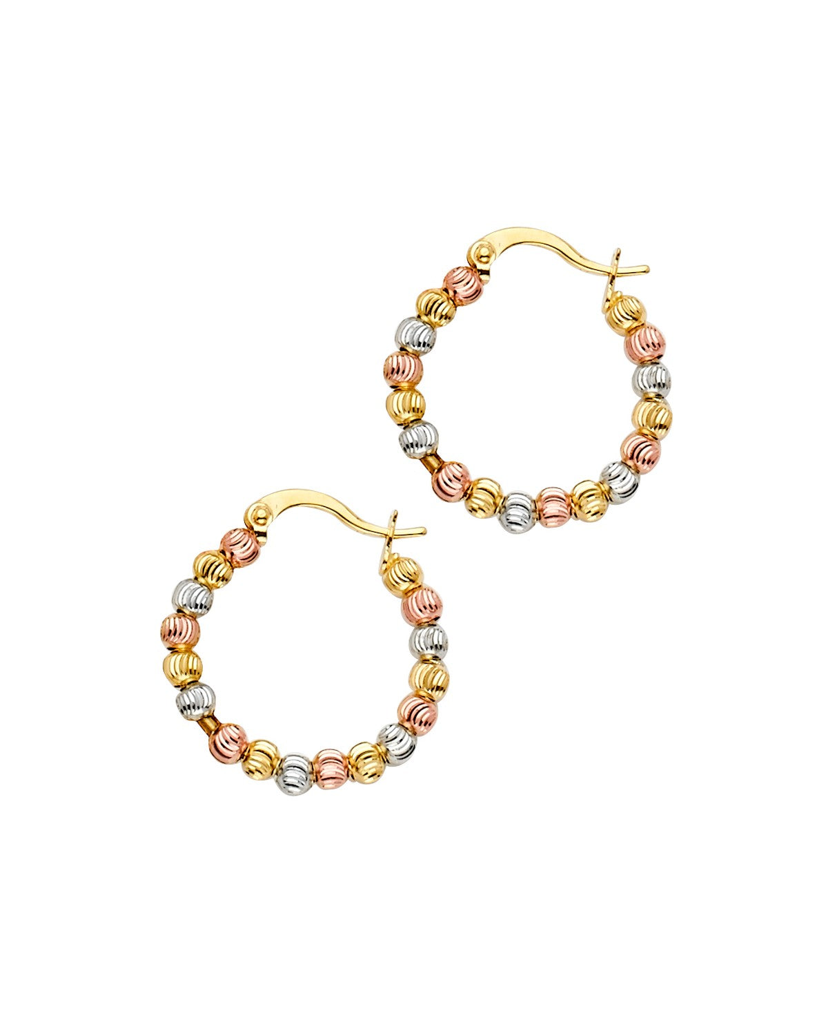 14K Tri-Color Gold 3C Moon-cut Bead Hoop Earrings (ER-1526)