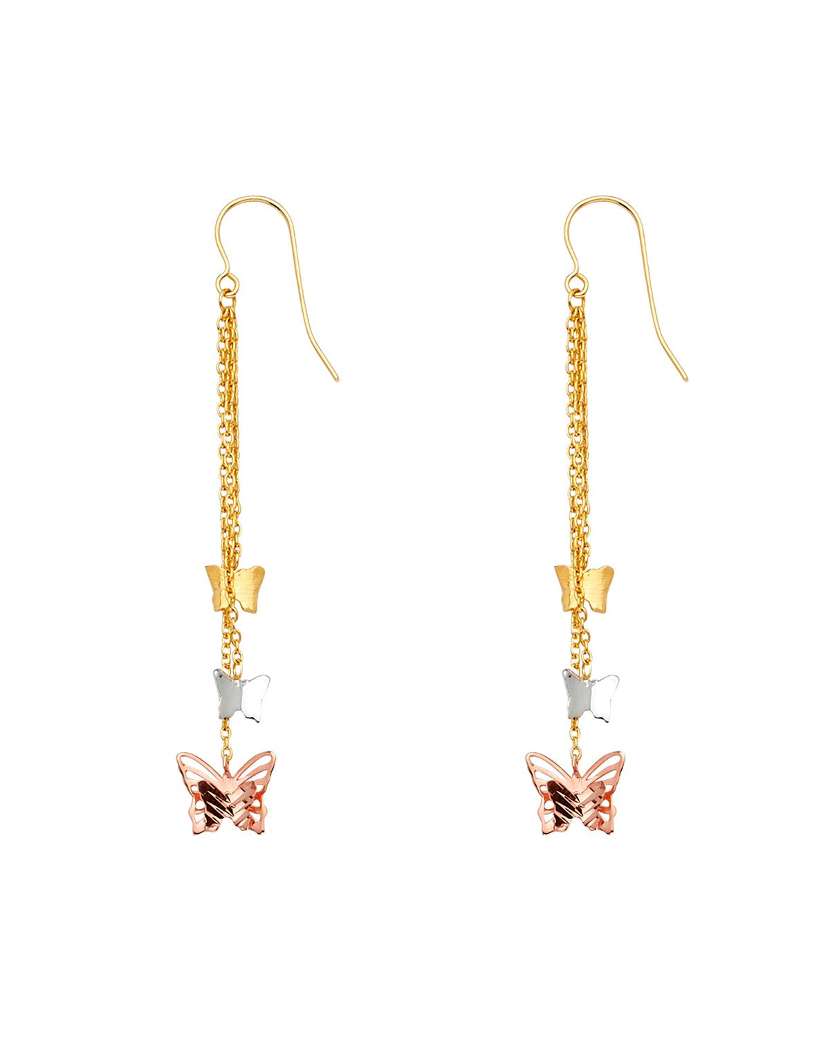 14K Tri-Color Gold 3C 3Butterflies Hanging Earrings (ER-1569)