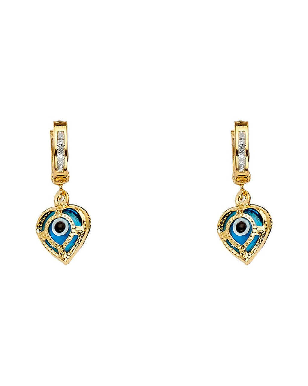 14K Yellow Gold Evil Eye Dangle Huggies Earrings (ER-1637)