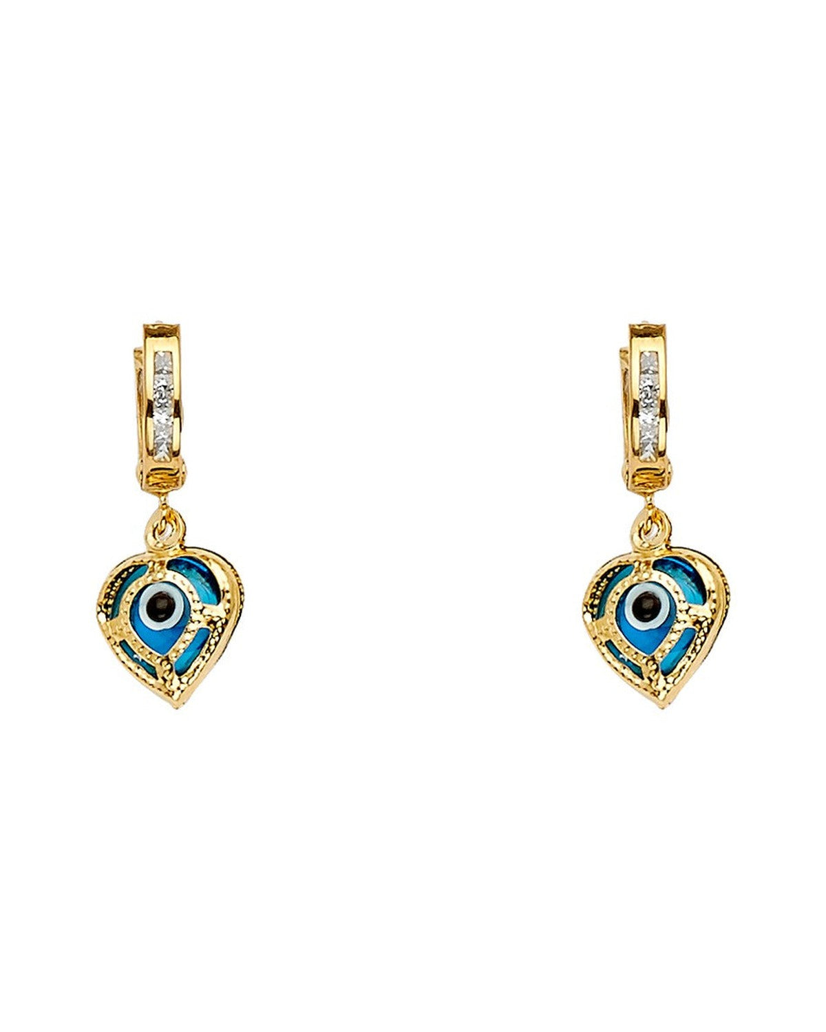 14K Yellow Gold Evil Eye Dangle Huggies Earrings (ER-1637)