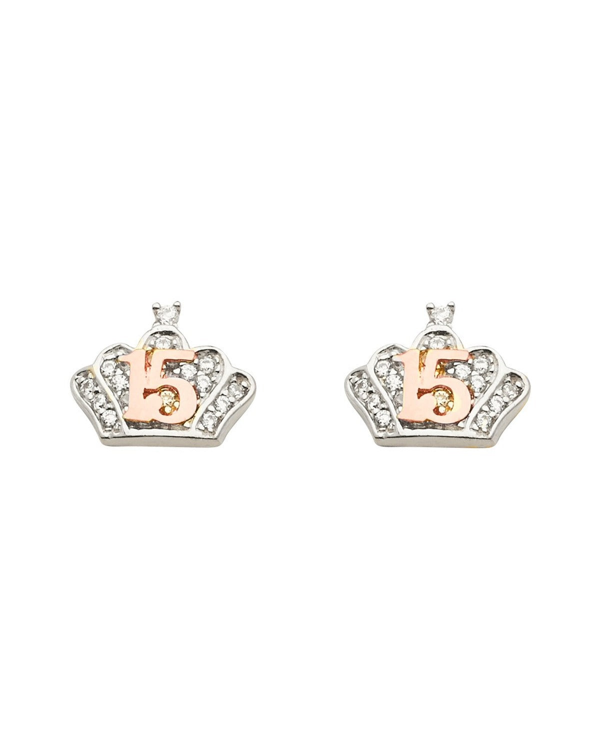 14K White Gold 15 Years CZ Crown Earrings with Push Back (ER-1653)