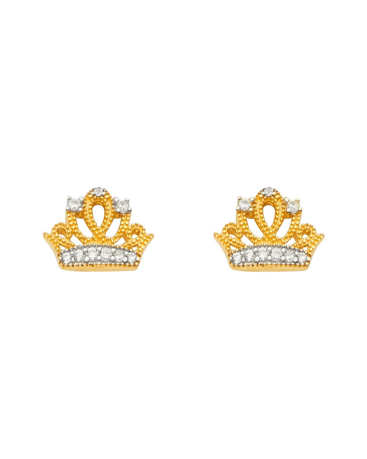 14K Two-Tone Gold 2T CZ Crown Earrings with Push Back (ER-1660)