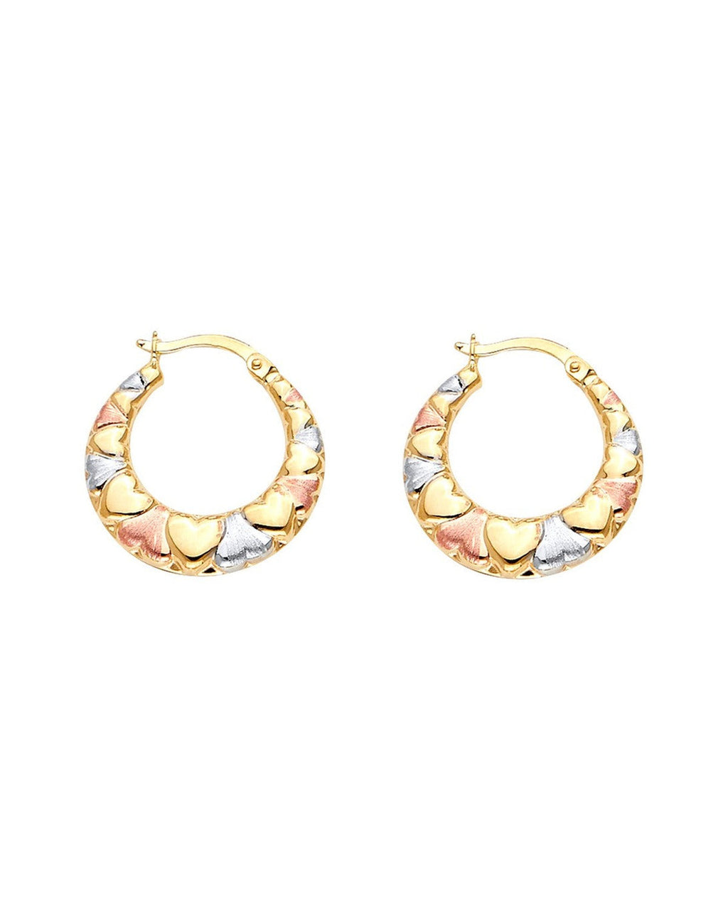 14K Tri-Color Gold 3C Double Face Heart Design Hollow Earrings (ER-1713)