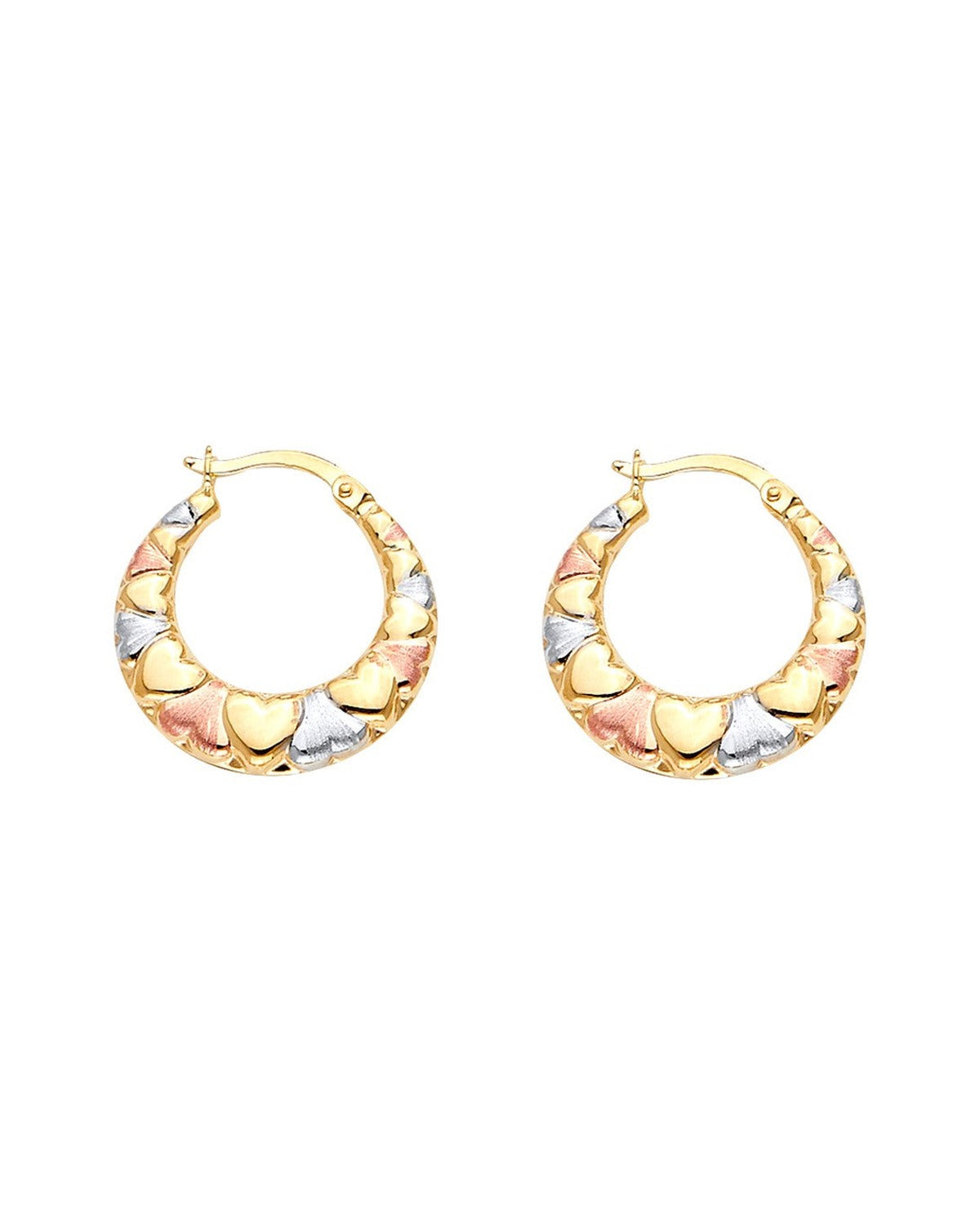 14K Tri-Color Gold 3C Double Face Heart Design Hollow Earrings (ER-1713)