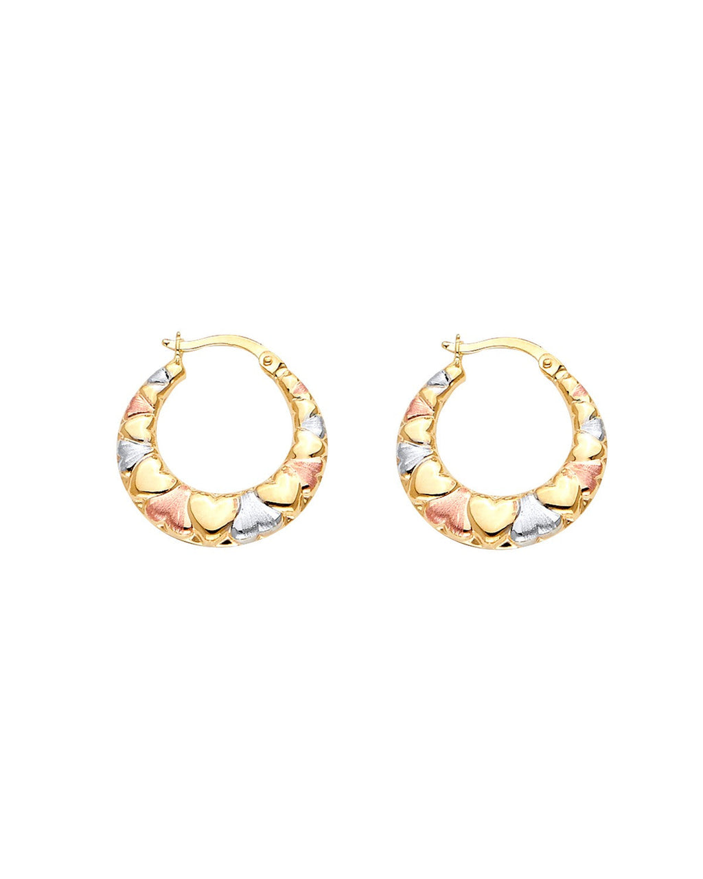 14K Tri-Color Gold 3C Double Face Heart Design Hollow Earrings (ER-1713)