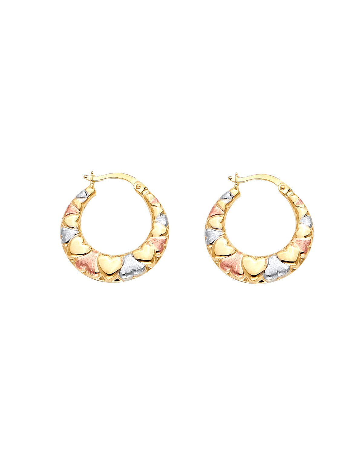 14K Tri-Color Gold 3C Double Face Heart Design Hollow Earrings (ER-1713)