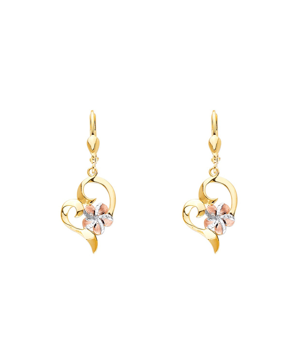14K Tri-Color Gold 3C Heart Lever Back Earrings with Hawaiian Flower (ER-1722)