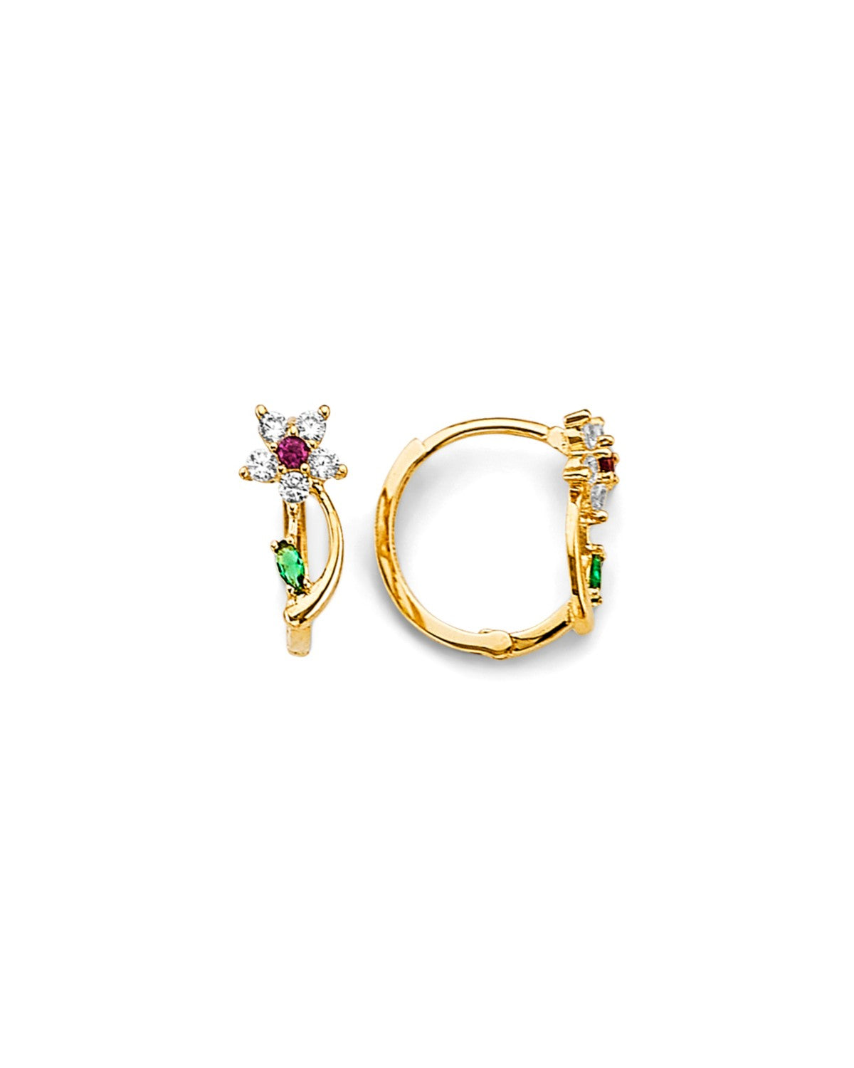 14K Yellow Gold Flower CZ Huggies Earrings (ER-1845)