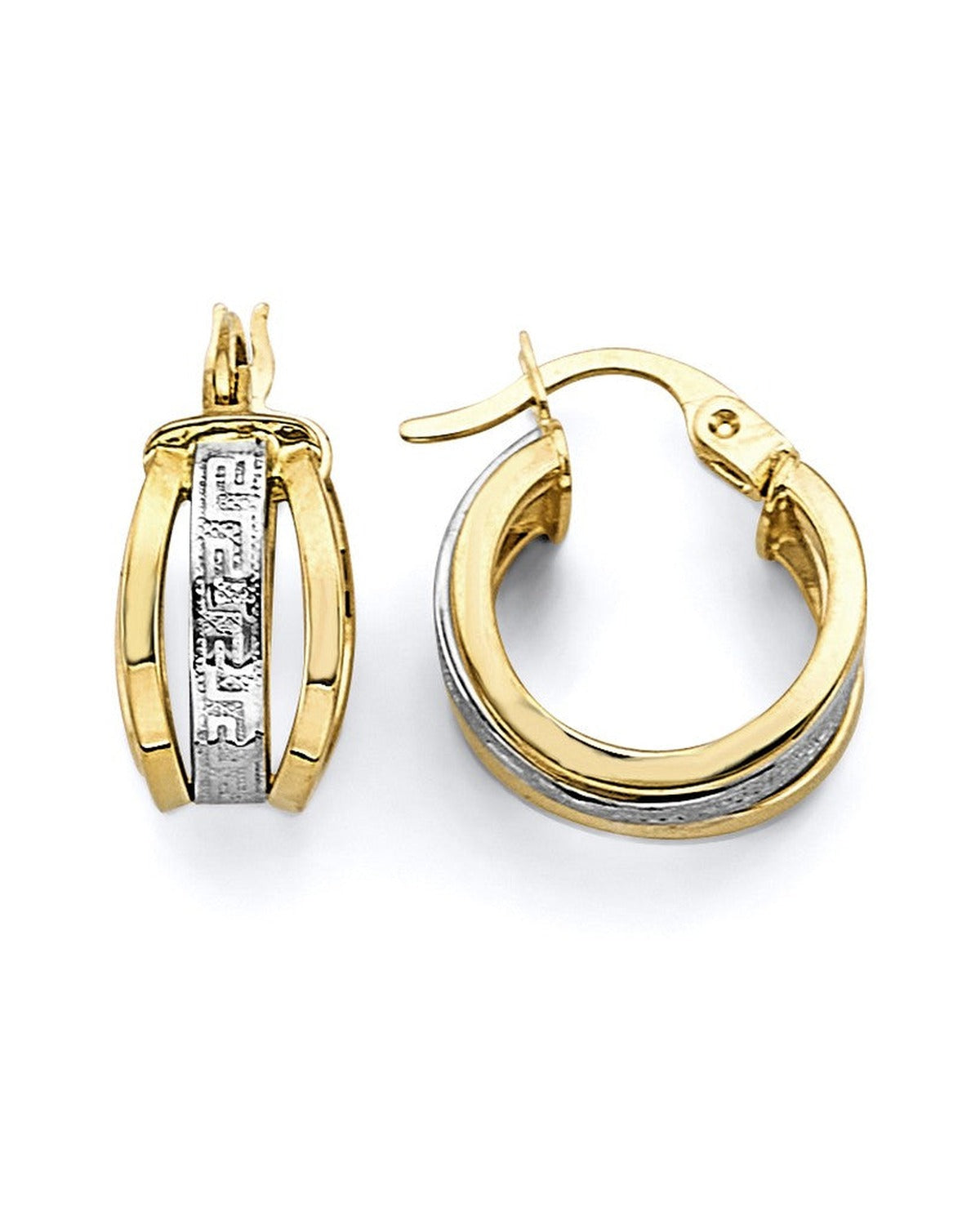 14K Two-Tone Gold 2T Greek Design Huggies Earrings (ER-1903)