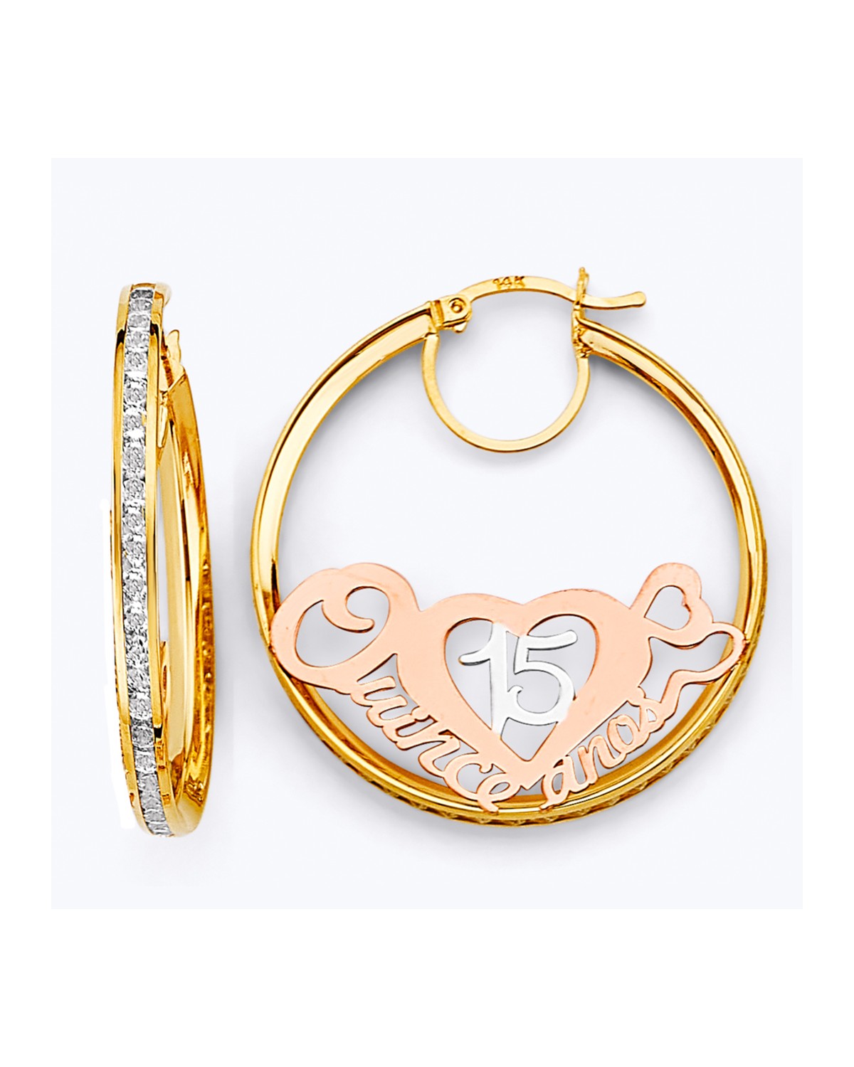 14K Tri-Color Gold 3C 15 Years Hoop Earrings (ER-1917)