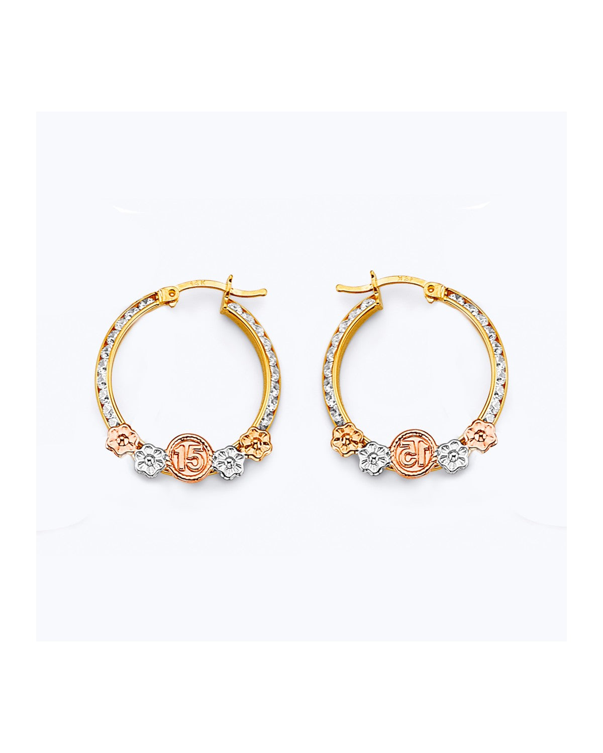 14K Tri-Color Gold 3C CZ 15 Years Flower Hoop Earrings (ER-1920)