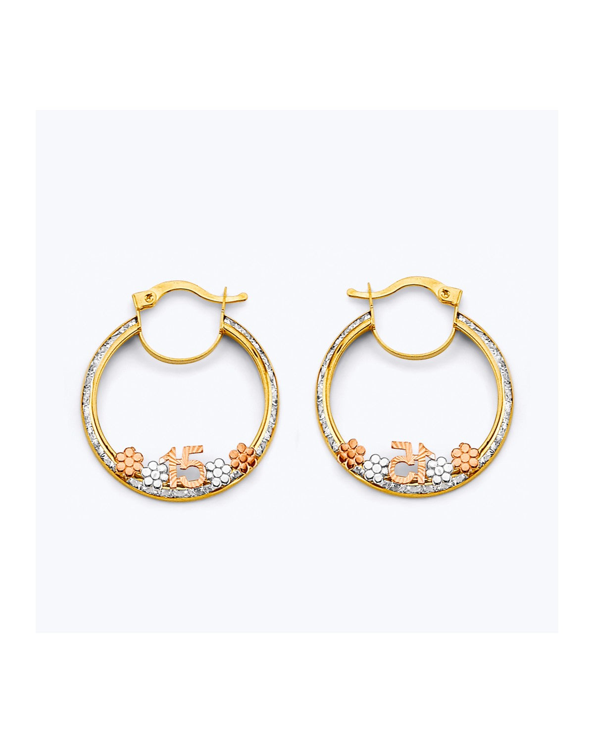 14K Tri-Color Gold 3C CZ 15 Years Flower Hoop Earrings (ER-1921)