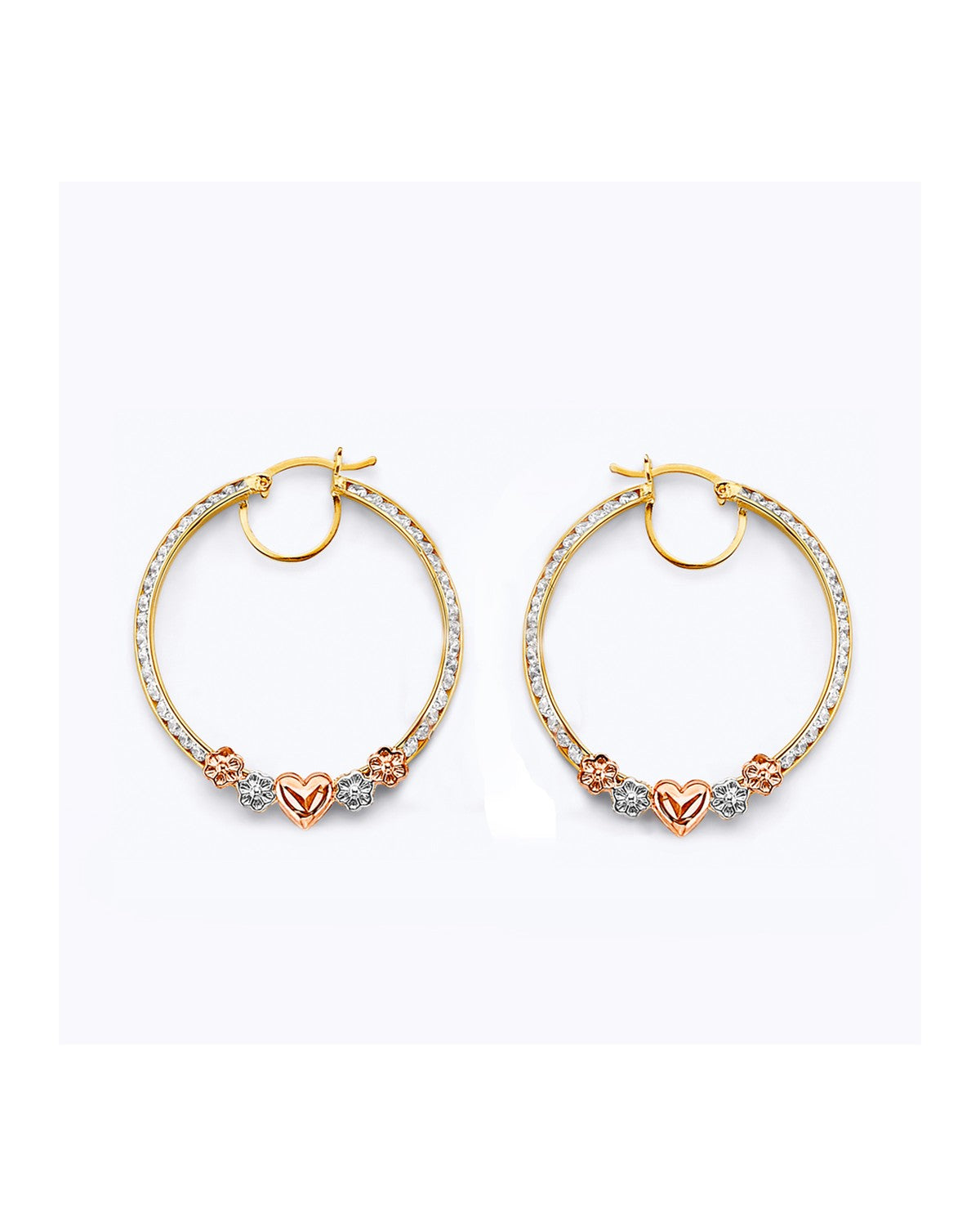 14K Tri-Color Gold 3C CZ Flower & Heart Hoop Earrings (ER-1925)