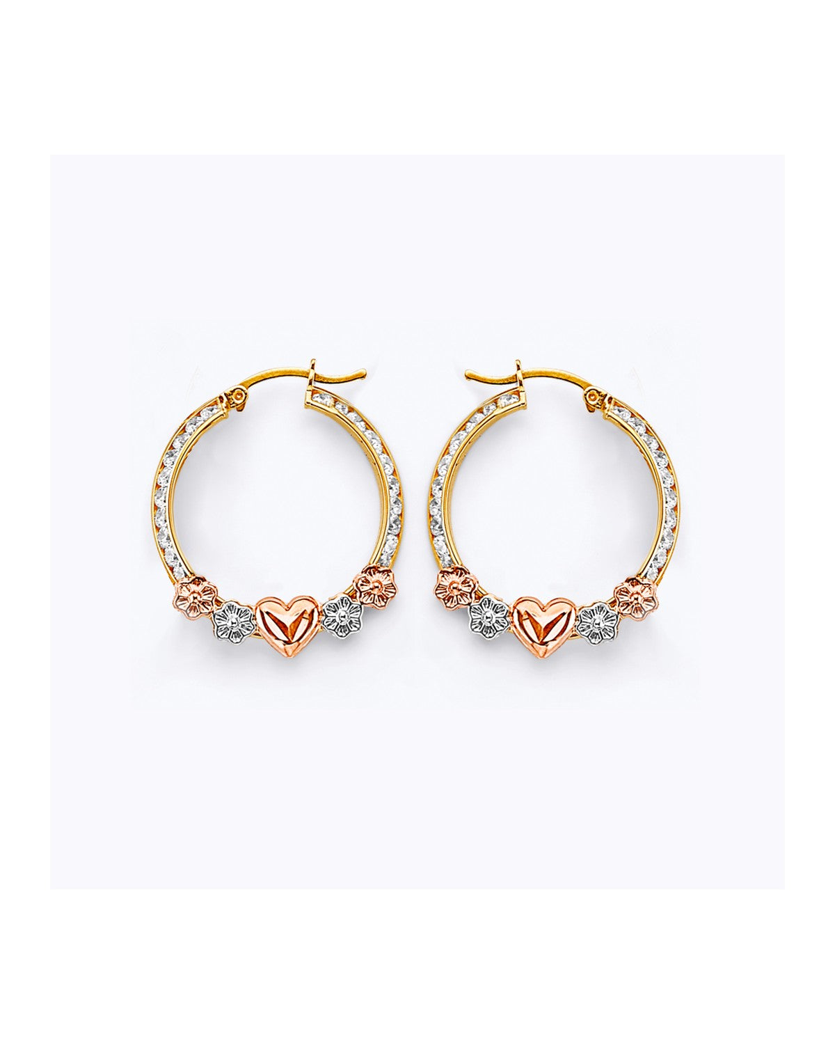 14K Tri-Color Gold 3C CZ Flower & Heart Hoop Earrings (ER-1926)