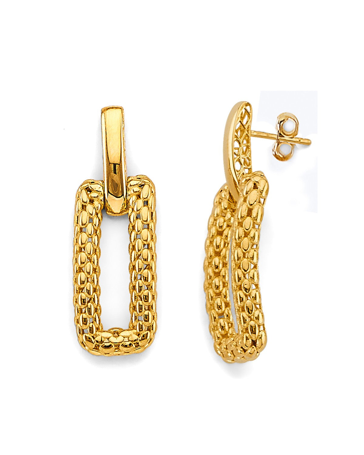 14K Yellow Gold Hollow Mesh Rectanglar Design Earrings (ER-1949)