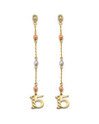14K Tri-Color Gold 3C Hanging CZ Ball 15 Years Earrings (ER-2012)