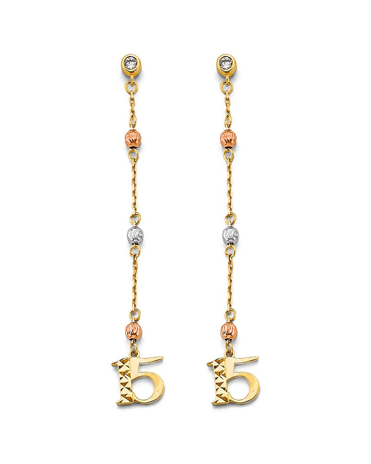 14K Tri-Color Gold 3C Hanging CZ Ball 15 Years Earrings (ER-2012)
