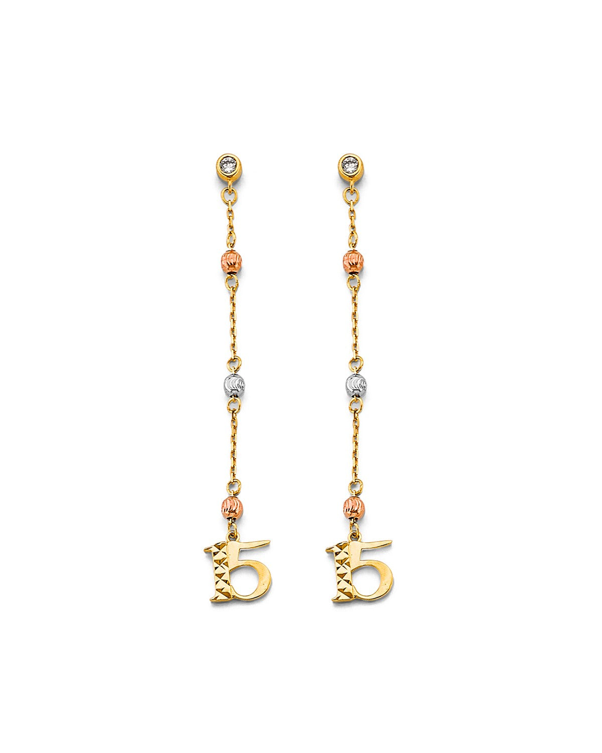 14K Tri-Color Gold 3C Hanging CZ Ball 15 Years Earrings (ER-2012)