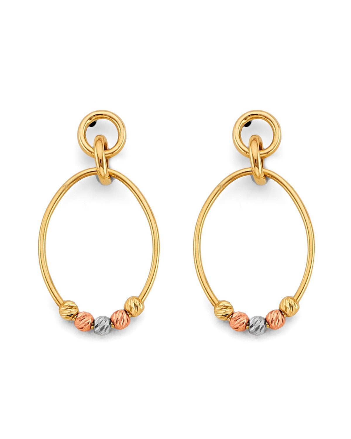 14K Tri-Color Gold 3C Hanging Oval Tube with Bead Earrings (ER-2022)