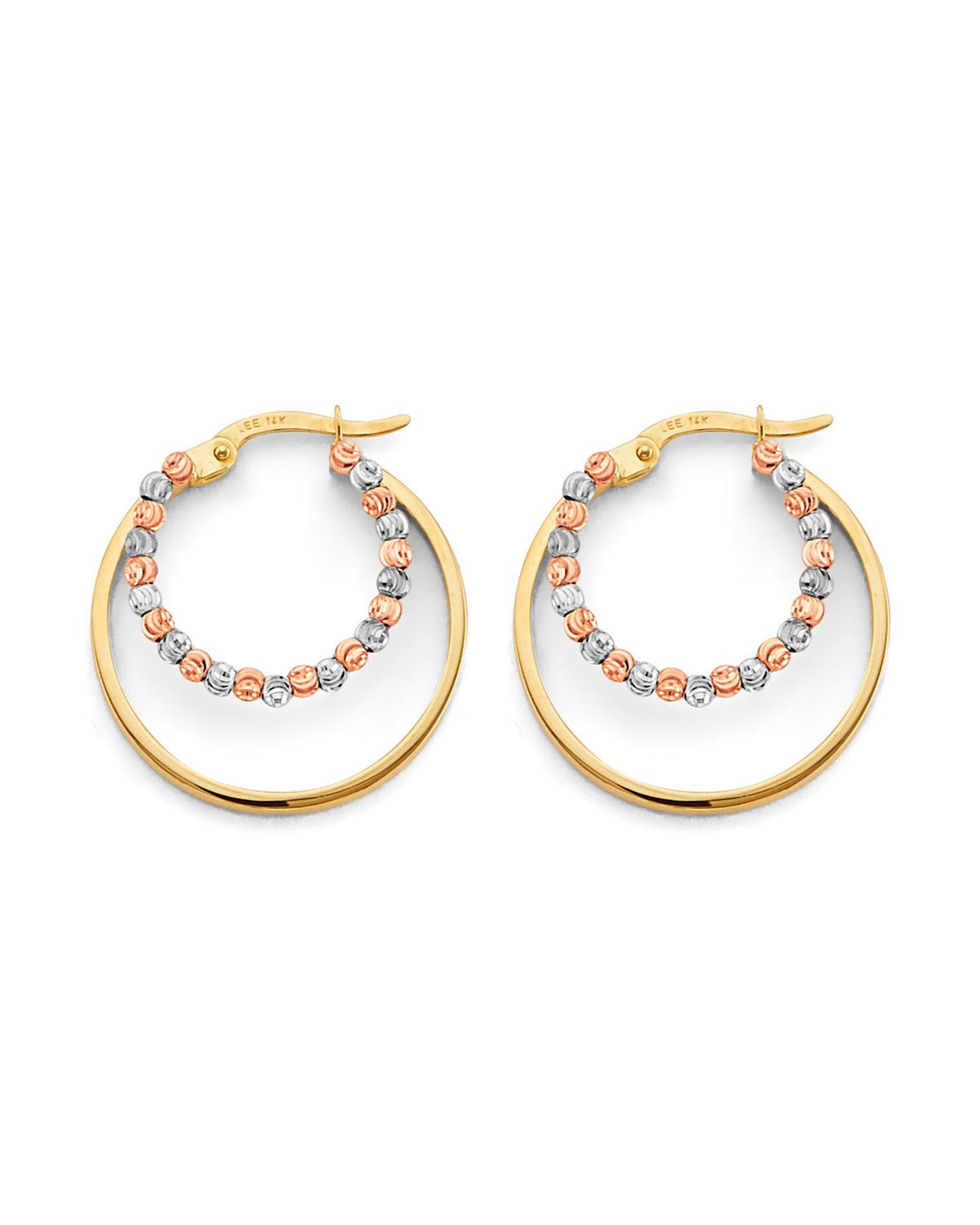 14K Tri-Color Gold 3C Double Hoop Earrings Bead Earrings (ER-2023)