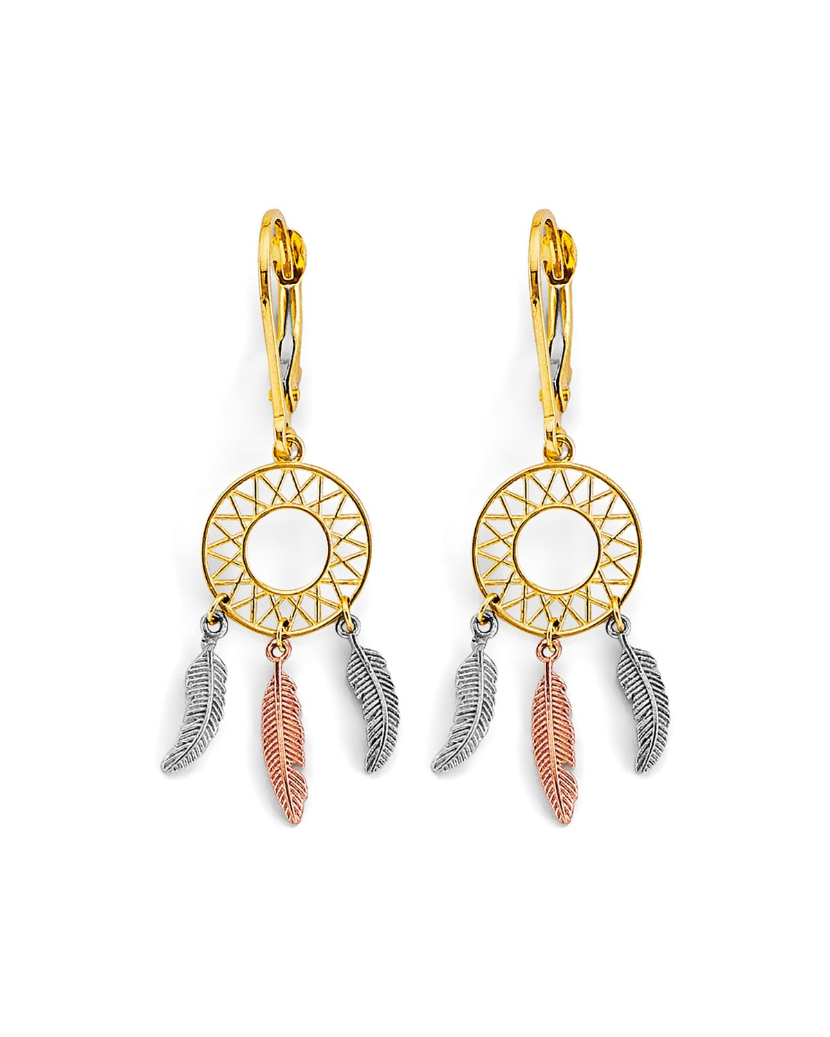 14K Tri-Color Gold 3C Dream Catcher Drop Earrings (ER-2041)