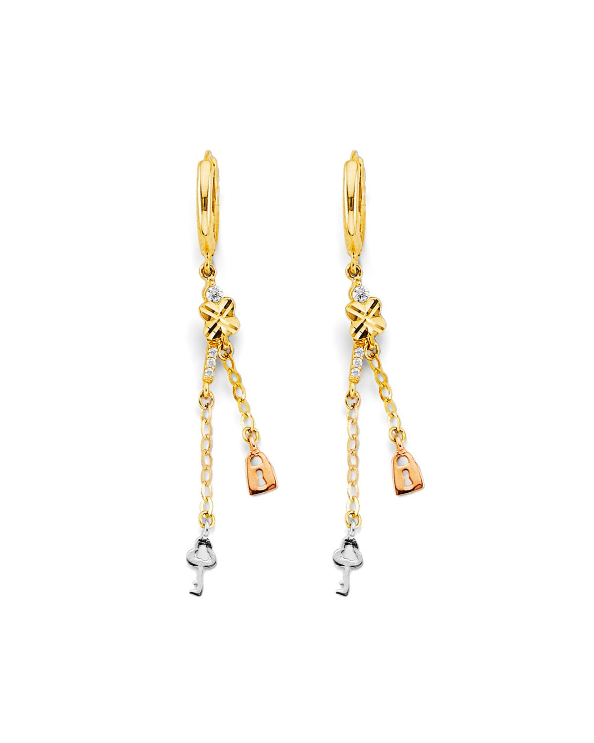 14K Tri-Color Gold 3C Hanging Lock & Key Earrings (ER-2042)