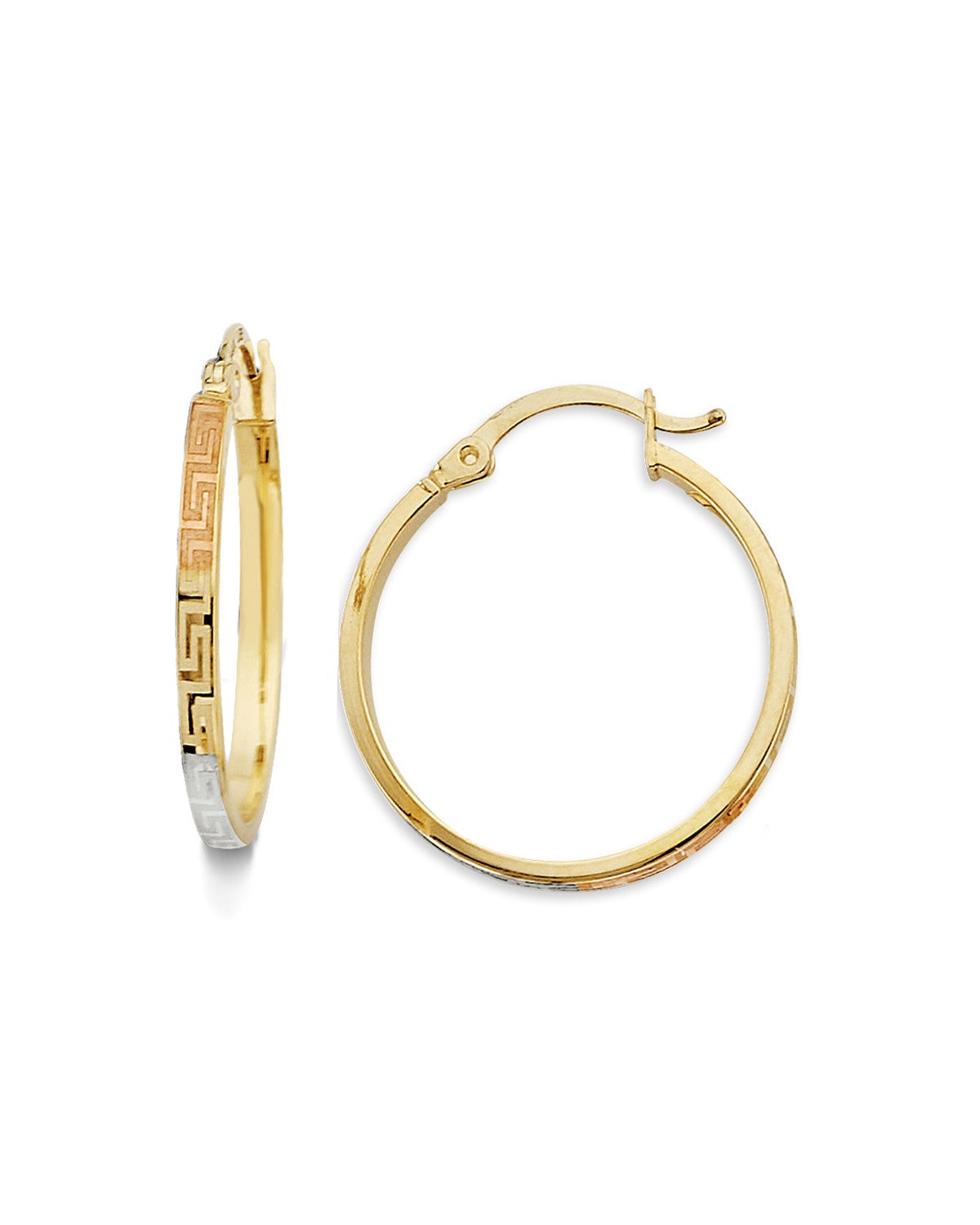 14K Tri-Color Gold 3C Greek Design Hoop Earrings (ER-2045)