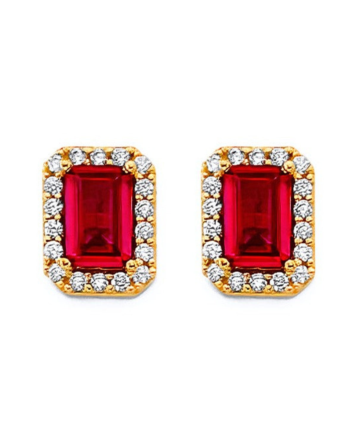 14K Yellow Gold Emerald Cut Red CZ Push Back Earrings (ER-2062)