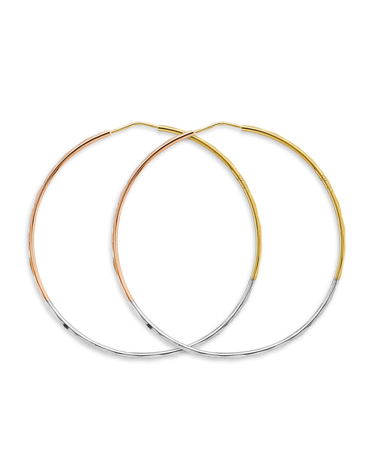 14K Tri-Color Gold 3C 1.5mm Faceted Round Hoop Earrings (55mm) (ER-2101)