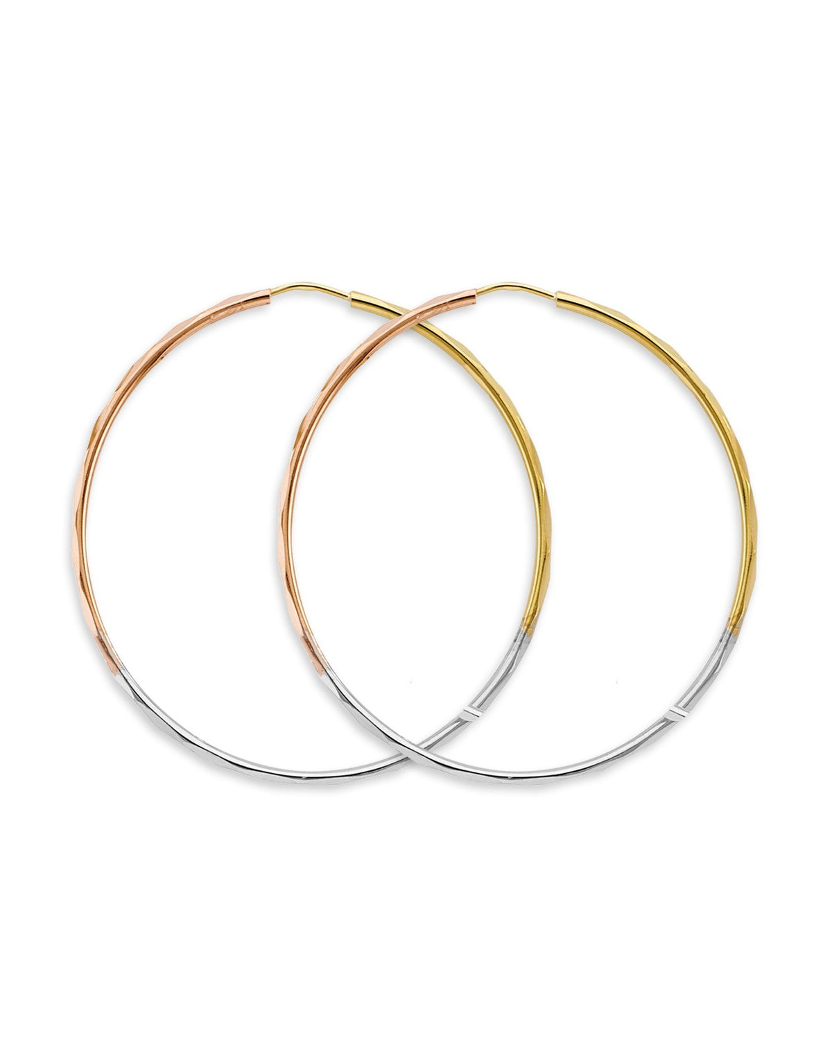 14K Tri-Color Gold 3C 1.5mm Faceted Round Hoop Earrings (45mm) (ER-2102)