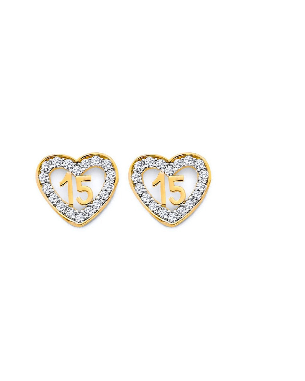 14K Yellow Gold CZ Heart 15 Years Push Back Earrings (ER-2125)