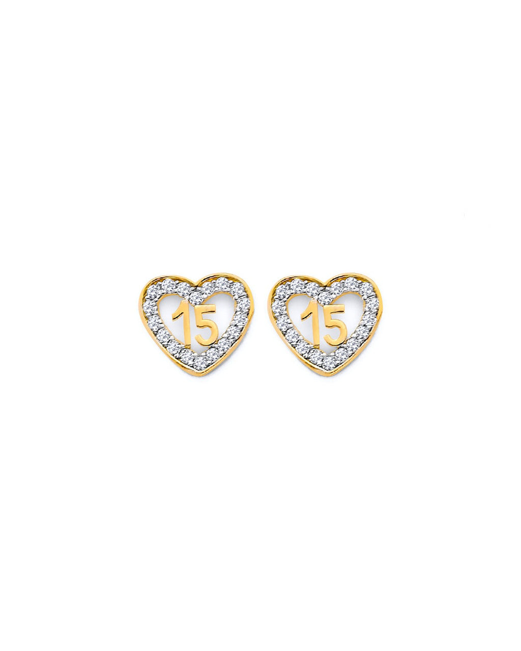 14K Yellow Gold CZ Heart 15 Years Push Back Earrings (ER-2125)