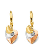 14K Tri-Color Gold 3C Hanging Hearts Huggies Earrings (ER-2175)