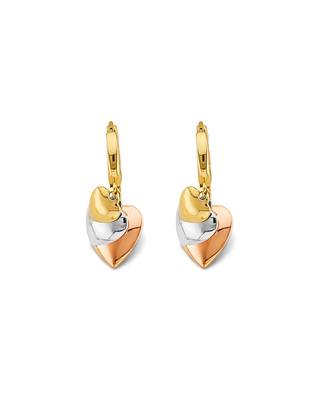 14K Tri-Color Gold 3C Hanging Hearts Huggies Earrings (ER-2175)