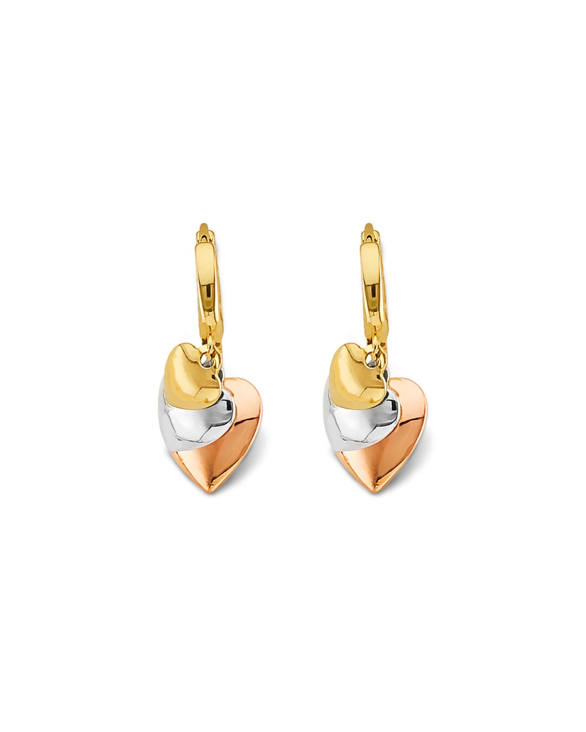 14K Tri-Color Gold 3C Hanging Hearts Huggies Earrings (ER-2175)