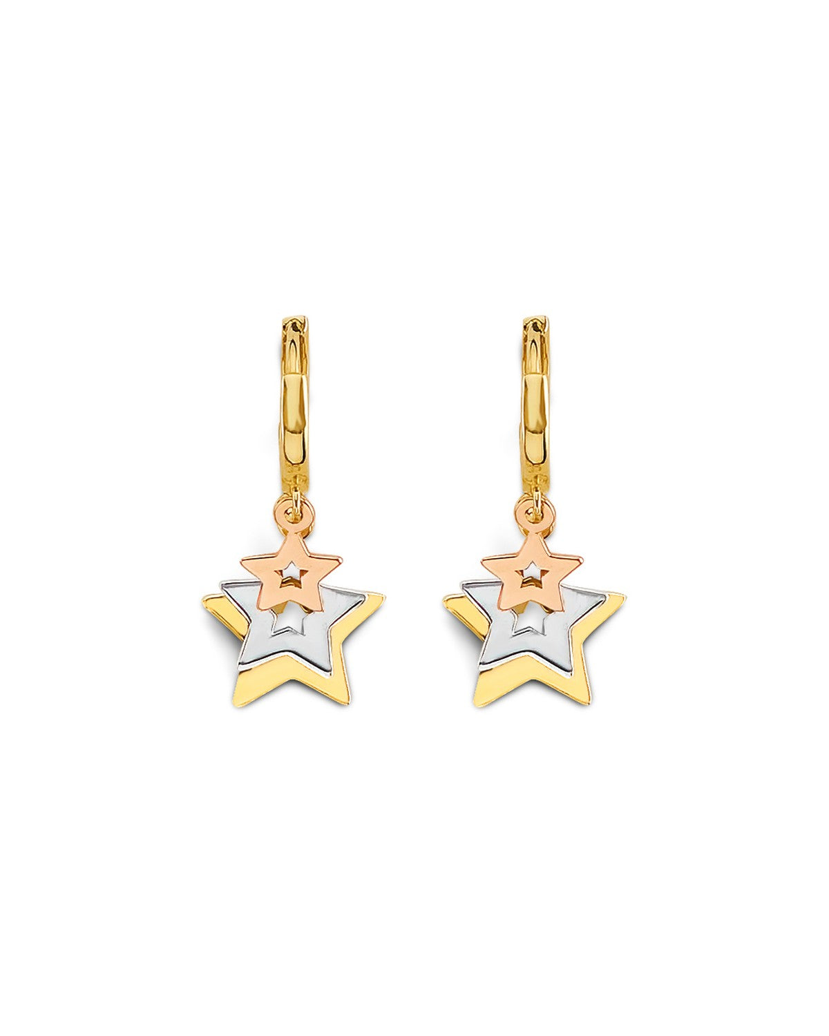 14K Tri-Color Gold 3C Hanging Stars Huggies Earrings (ER-2176)